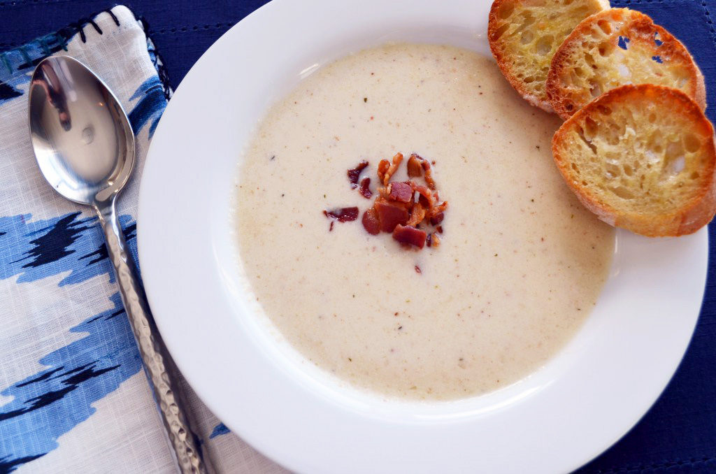 ROASTED CAULIFLOWER SOUP WITH AGED CHEDDAR AND BACON SOUP