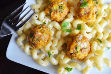 Broccoli Cheddar Meatballs with Mac and Cheese