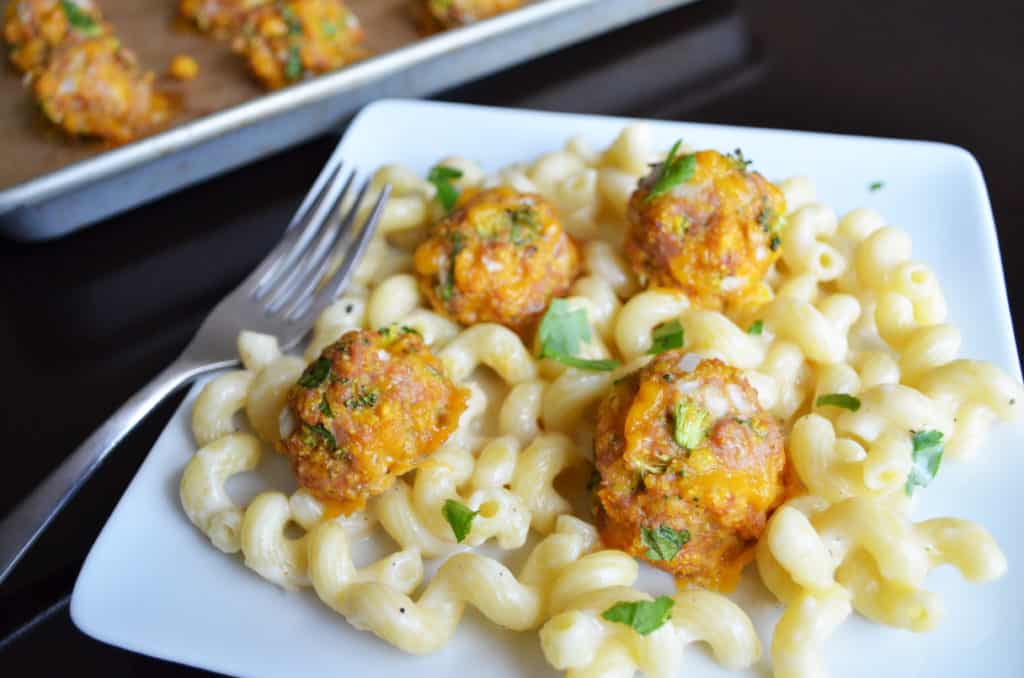 Broccoli Cheddar Meatballs with Mac and Cheese